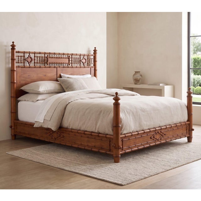 Custom faux bamboo bed made by Liberty Carvings in Rhode Island; hand-turned solid wood bed featuring distinctive faux...