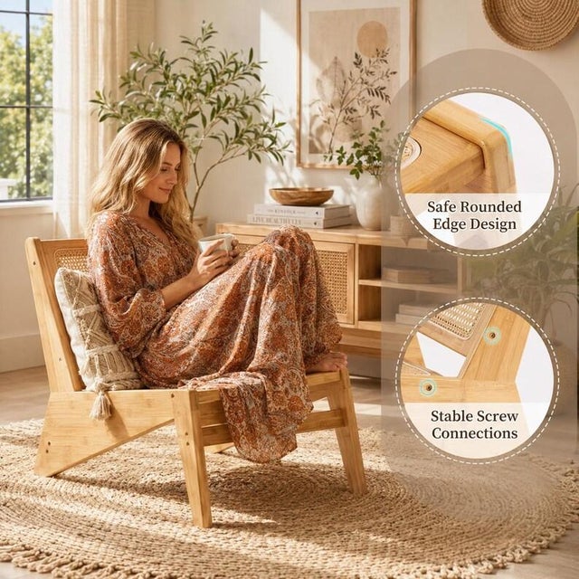 Rattan Accent Chair for Living Room, Mid Century Modern Wood Side Chair, Comfy Bamboo Armchair for Bedroom Reading Nook, Boho Home Decor For Sale - Image 4 of 10