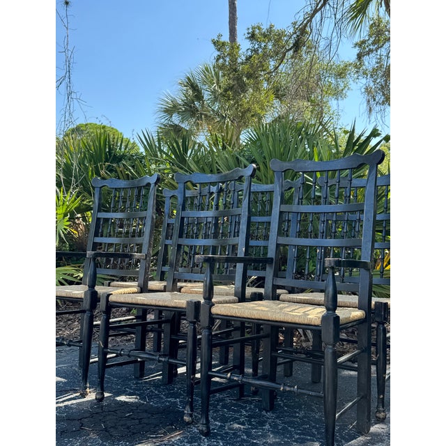 Textile Set of 6 Vintage Black Painted Spindle-Back & Ladder-Back Rush Seat Dining Chairs For Sale - Image 7 of 12