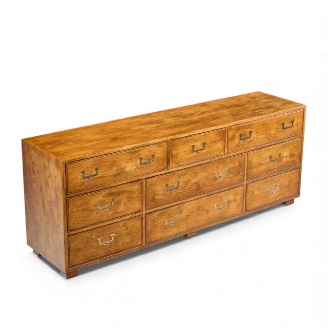 Mid 20th Century Henredon Campaign Mid Century Oak and Brass Lowboy Dresser For Sale - Image 10 of 11
