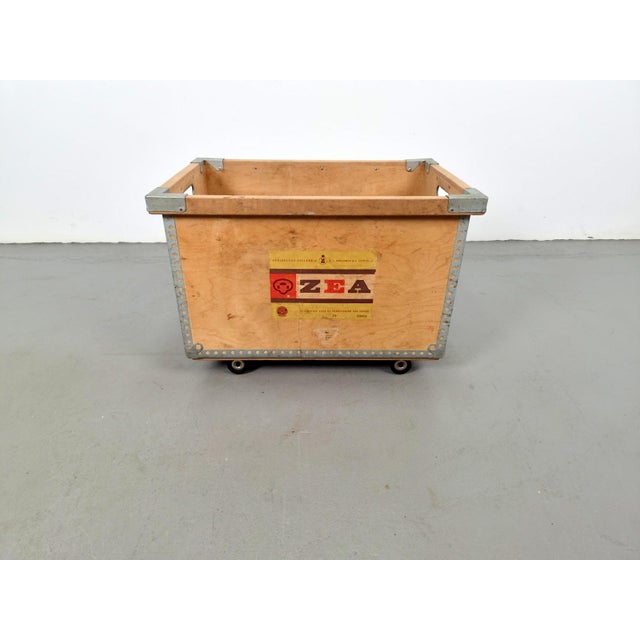Brown Large Wooden Chest on Casters with Metal-Reinforced Corners, 1960s For Sale - Image 8 of 9