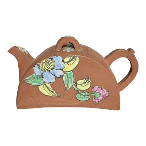 Antique Chinese Yixing Enamel-Decorated Arched Teapot, Republic Period, Signed Zisha