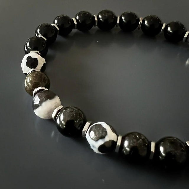 Silver Night Eagle Onyx Stone Beaded Bracelet For Sale - Image 8 of 10