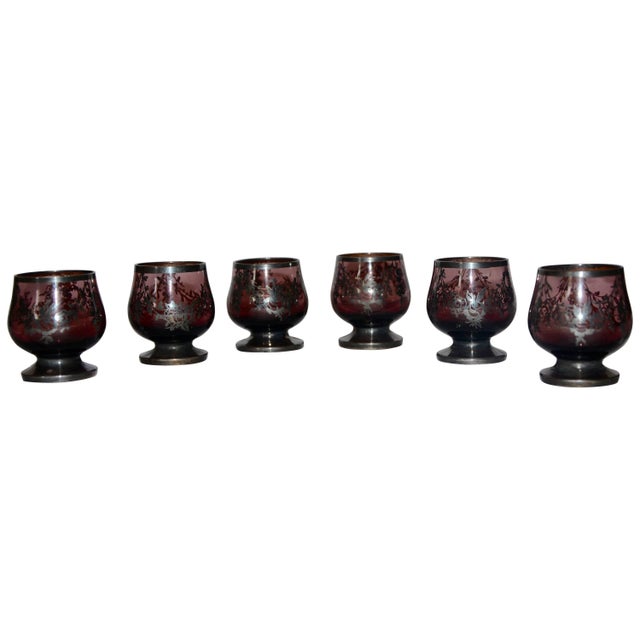 Metal Early 20th Century Set of Six Amethyst With Silver Overlay Miniature Snifters For Sale - Image 7 of 7