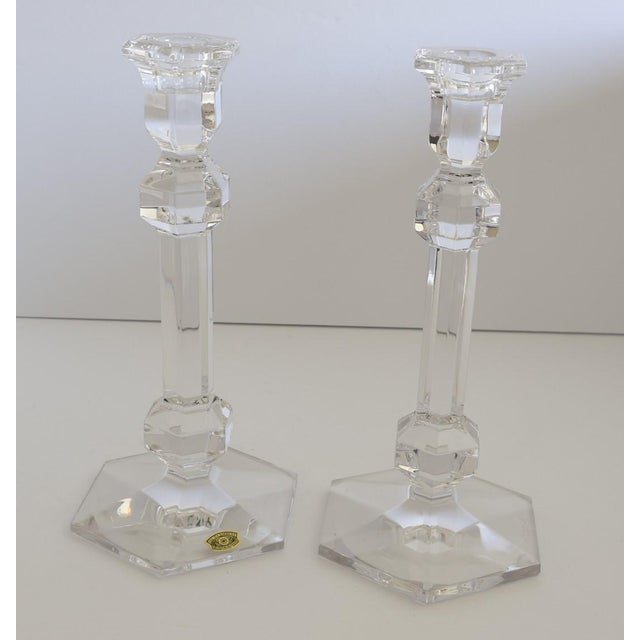 Pair of Val Saint Lambert Belgian Crystal Candlesticks Signed & Labeled For Sale - Image 10 of 11