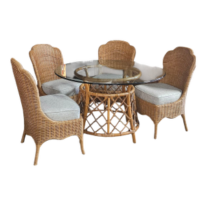 1970s Vintage Rattan Table and 5 Dining Chairs - Set of 6
