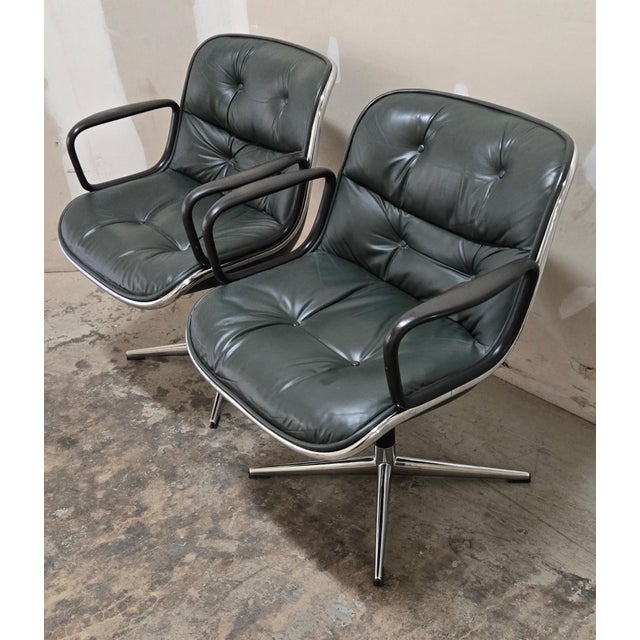 Iconic Early Charles Pollock Executive Armchairs a Pair Solid Aluminum Base Green Leather For Sale - Image 14 of 14