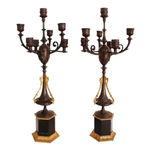 Antique Gilt Bronze Candelabra With Granite Bases-Pair