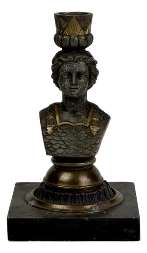 Vintage French Neoclassical Bronze Candlestick of Female Bust on Slate Base
