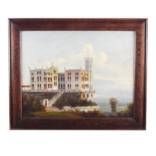 19th Century "Castle on a Lake" European School Oil Painting, Framed For Sale