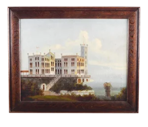 19th Century "Castle on a Lake" European School Oil Painting, Framed
