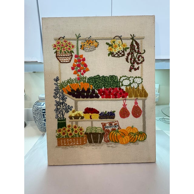 Mid 20th Century Vintage Nancy Meyers Style Crewel Embroidered Farmers Garden Market Still Life Wall Art For Sale - Image 5 of 14