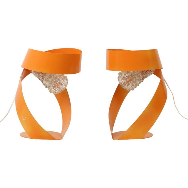 Vintage Orange Table Lamps in Molded Metal, 1960s, Set of 2 For Sale - Image 3 of 11