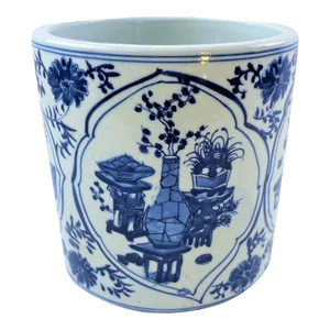 Contemporary Chinoiserie Blue and White Planter With Floral Vignette