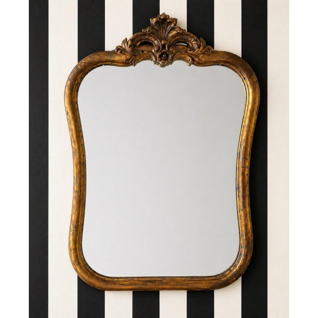Victorian Antique Rococo Giltwood Wall Mirror, 19th Century Hand-Carved Crest, 26” X 37” For Sale - Image 3 of 11