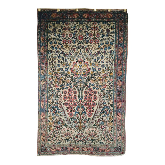 Early 20th Century Persian Kerman Lavar Rug, Hand-Knotted Wool, Allover Floral Pattern, Ivory & Green, 3x5 For Sale