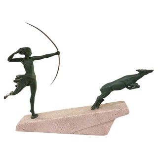 Marcel Bouraine / Demarco, Art Deco Hunting Atlanta or Diana Figure with Antelope, 1920s, Metal on Stone Base For Sale