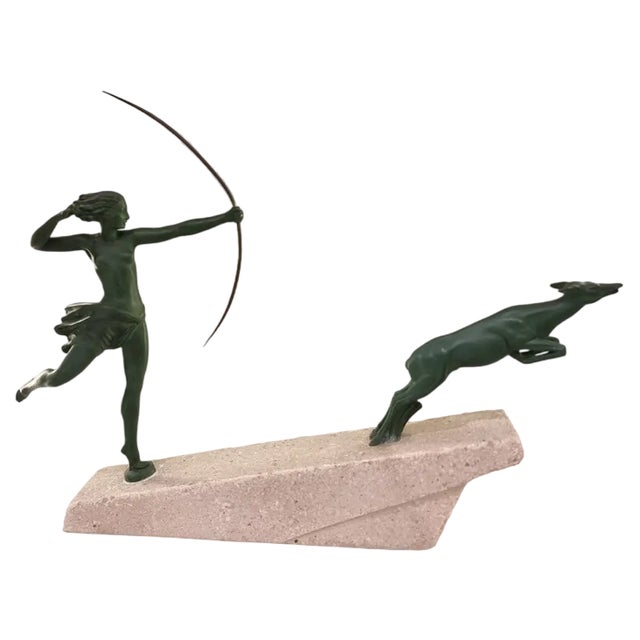 Marcel Bouraine / Demarco, Art Deco Hunting Atlanta or Diana Figure with Antelope, 1920s, Metal on Stone Base For Sale
