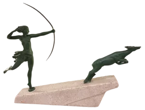 Marcel Bouraine / Demarco, Art Deco Hunting Atlanta or Diana Figure with Antelope, 1920s, Metal on Stone Base