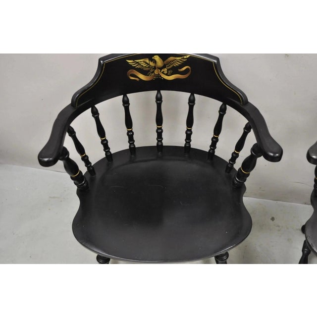 Vintage S. Bent & Bros Black Painted Eagle Colonial Pub Arm Chairs - A Pair For Sale - Image 4 of 12