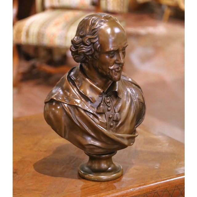 Circa 1880, this impressive antique American bronze bust depicts the celebrated playwright William Shakespeare with a...