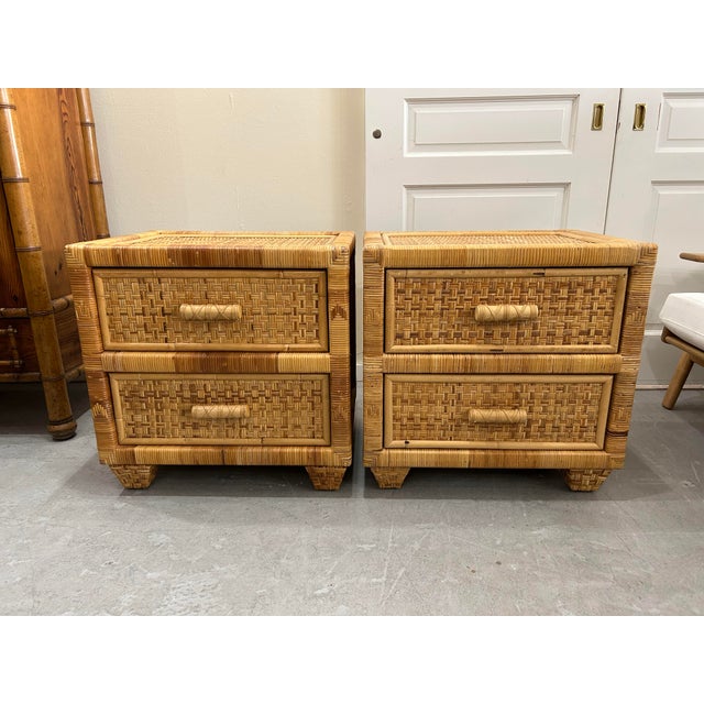 20th Century Cane Woven Rattan Nightstands, a Pair Chairish