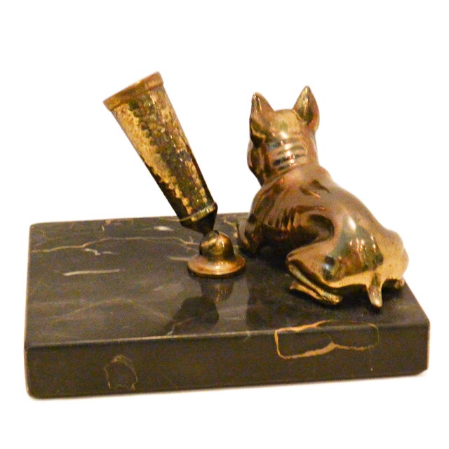 1960s Vintage Solid Brass French Bulldog Pen Stand on Italian Portoro Gold Marble Base For Sale - Image 5 of 8