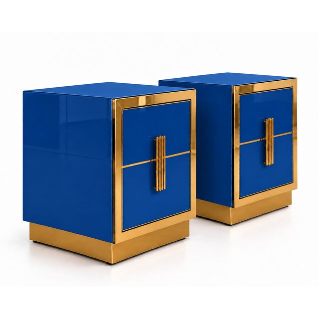 Sapphire Blue Glass and Polished Brass Bedside Cabinets from Justfurnituress SRL, Set of 2 For Sale - Image 4 of 11