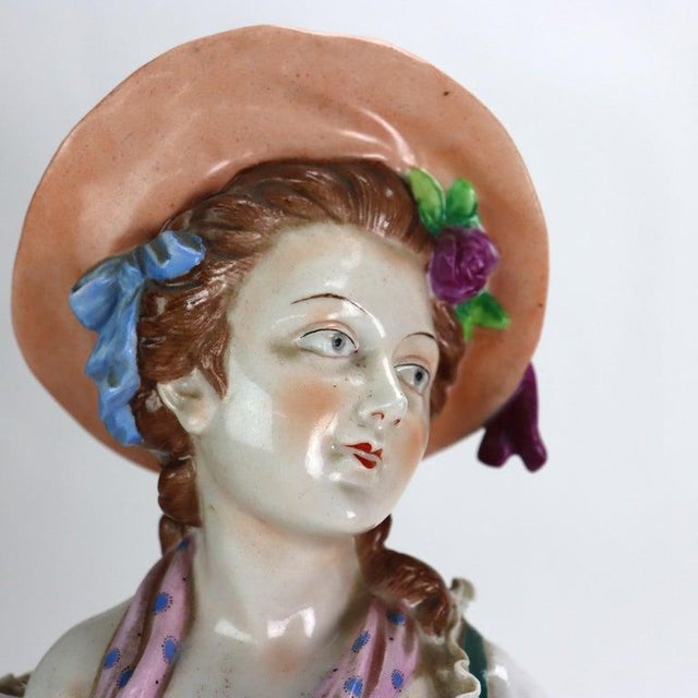 Pair Of Oversized Antique German Majolica Porcelain Figures Of A Maiden & Lad Signed C1920 Measures - Boy 19 1/2" x 8" x...