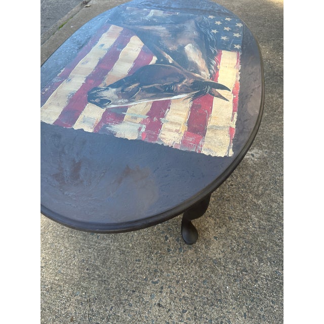 Patriotic Horse Coffee Table, Oval, Queen Anne Legs For Sale - Image 4 of 10