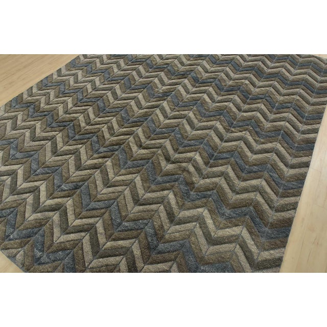 Contemporary Chevron Rug 8' X 10'2'' Gray Blue Wool Contemporary Hand-Knotted Carpet For Sale - Image 3 of 12