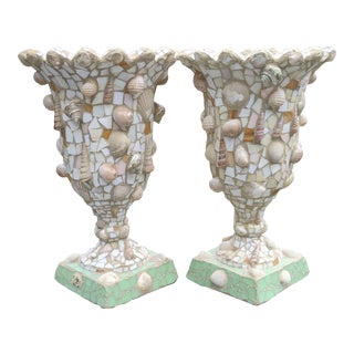Mosaic Seashell Urn Planters with Scalloped Rim & Pedestal Base - a Pair For Sale