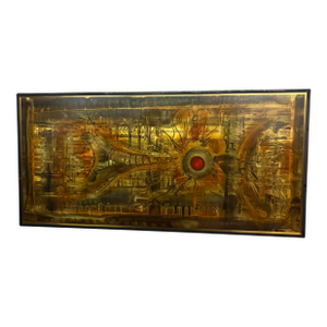 Bernhard Rohne 1973 Etched Brass Wall Art With Red Enamel Detail