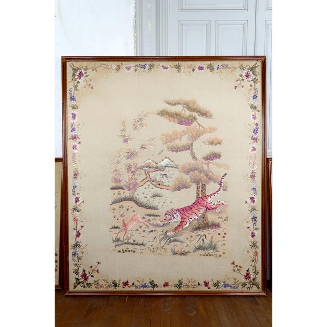 Important set of three indochinese silk embroidered tapestries tigers and axis deer – vietnam, colonial period, circa 1930...