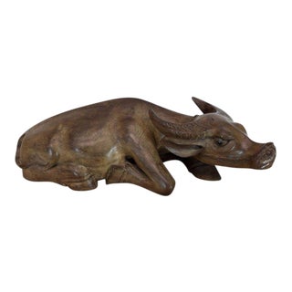 Large Carved Wood Sculpture of a Water Buffalo For Sale