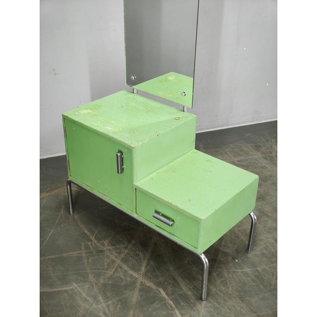 Bauhaus Czech Green Vanity Table with Mirror and Chrome Frame, 1930 For Sale - Image 13 of 18
