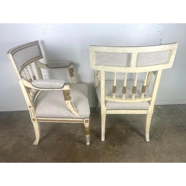 Pair of Italian Neoclassical Style Painted & Parcel Gilt Armchairs C. 1900's For Sale - Image 9 of 15