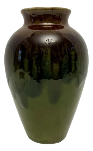 Vintage Studio Art Pottery 8” Tall Vase With Brown and Green Drip Crackle Glaze.