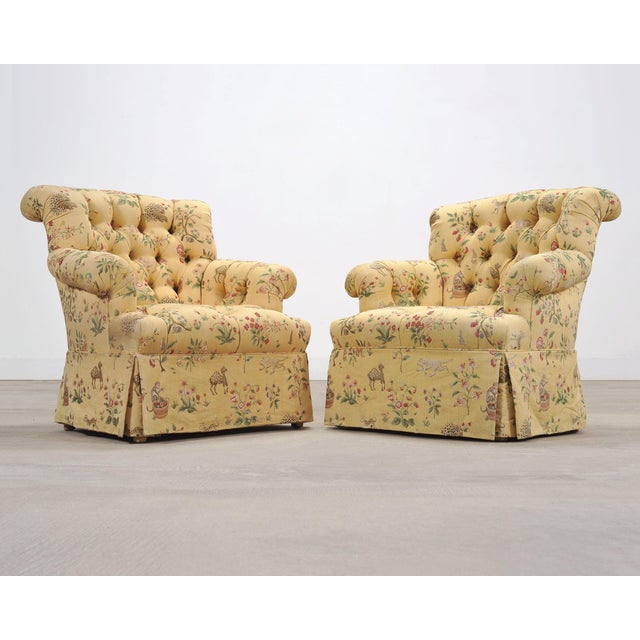 Pair of Tufted Lounge Chairs + Ottoman in Butter Print Fabric For Sale In Sacramento - Image 6 of 18