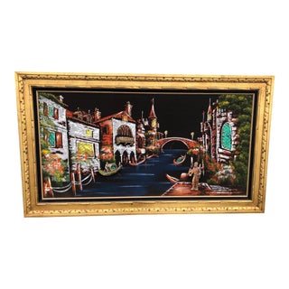 1970s Venetian Scene Lit Velvet Painting, Framed For Sale