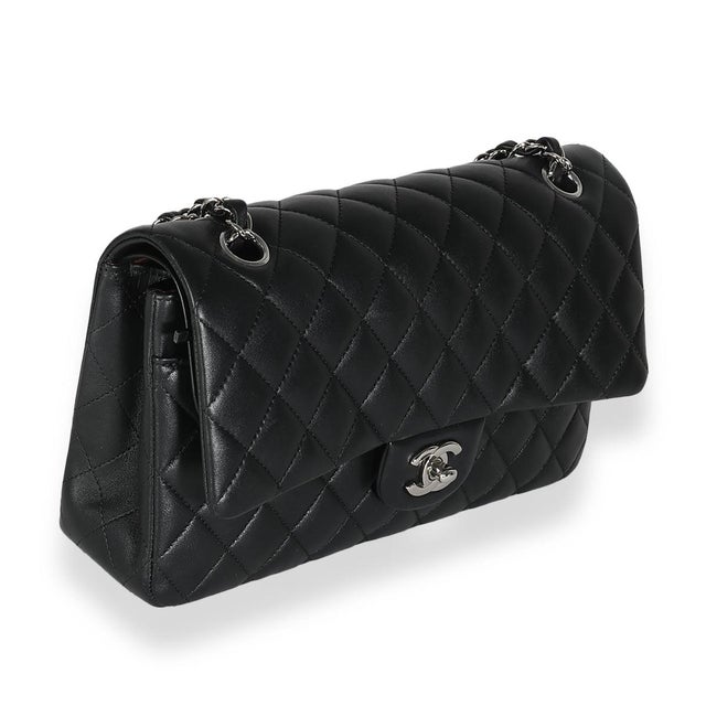 Traditional Black Quilted Lambskin Medium Classic Double Flap Bag For Sale - Image 3 of 9