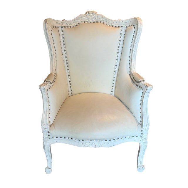 Antique Louis XV Style White Leather Bergere Chair - 1 of 2 For Sale - Image 4 of 4
