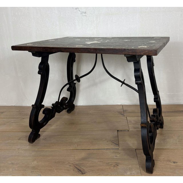 Spanish Baroque Style Side Table with Floral Marquetry Top and Ebonized Base, 1930 For Sale - Image 4 of 15