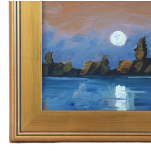 Original moonlight and landscape seascape Impressionist oil painting on artist’s canvas panel by listed artist William...