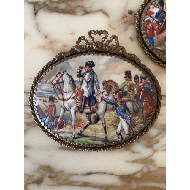 French Provincial Antique Pair of Oval Porcelain Plaques Depicting Napoleon in Battle For Sale - Image 3 of 12