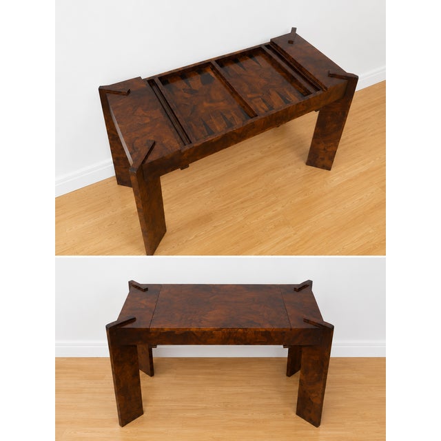 Italian Postmodern Burl Wood Backgammon Console Table, Made in Italy, c. 1975 Original “Made in Italy” label Style No....