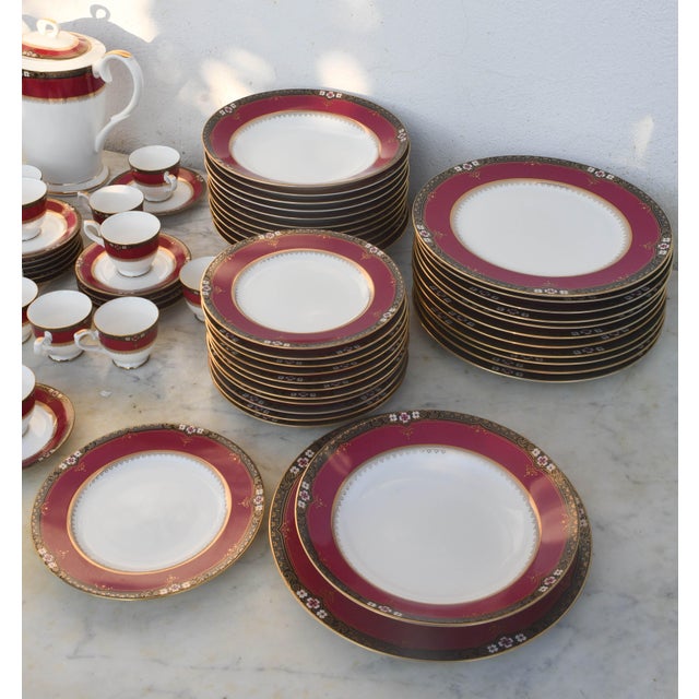 1960s Elegant Mid-Century Japanese Bone China Service for 12 in White and Noble Red For Sale - Image 12 of 17