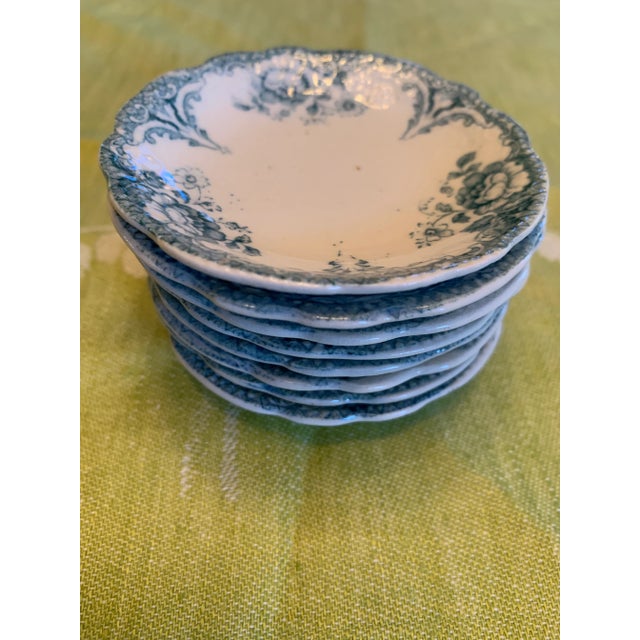 Antique Allertons English Teal Transferware Scalloped Butter Pats Set of 8 For Sale - Image 11 of 12