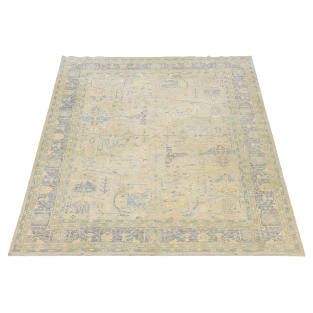 Modern Oushak Style Hand-Knotted Wool Rug in Slate Blue & Ivory Accent Tones For Sale - Image 9 of 12