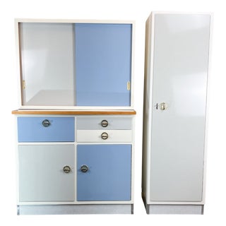 Kitchen Cabinets with Blue-Grey Mottled Formica Top, 1960s, Set of 2 For Sale